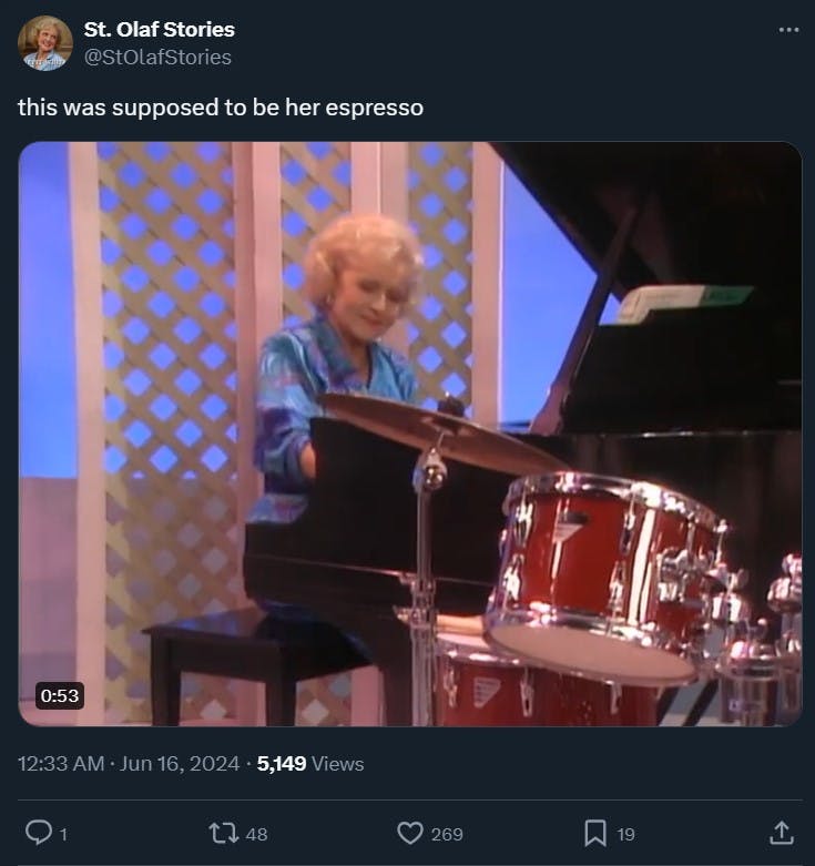 Rose Nylund playing the piano with the caption 'this was supposed to be her espresso'