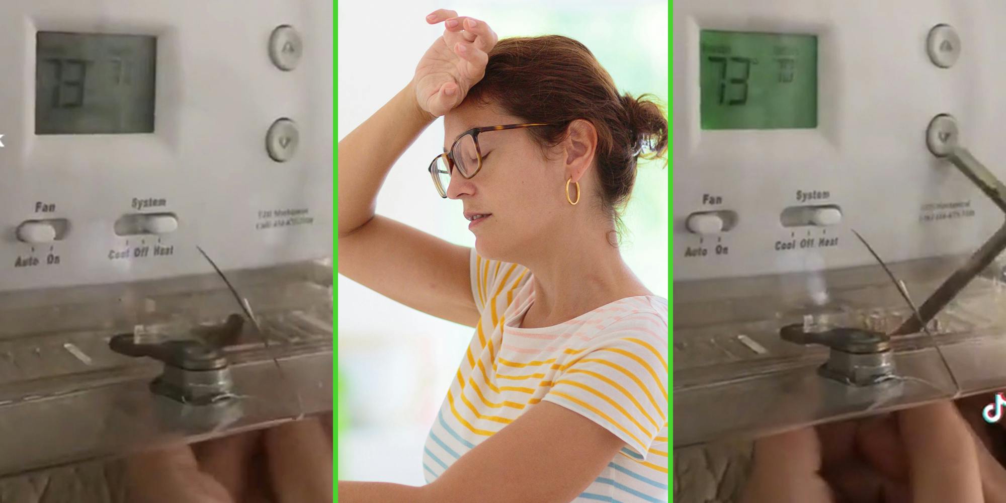 thermostat in lock box (l&r) woman sweating (c)