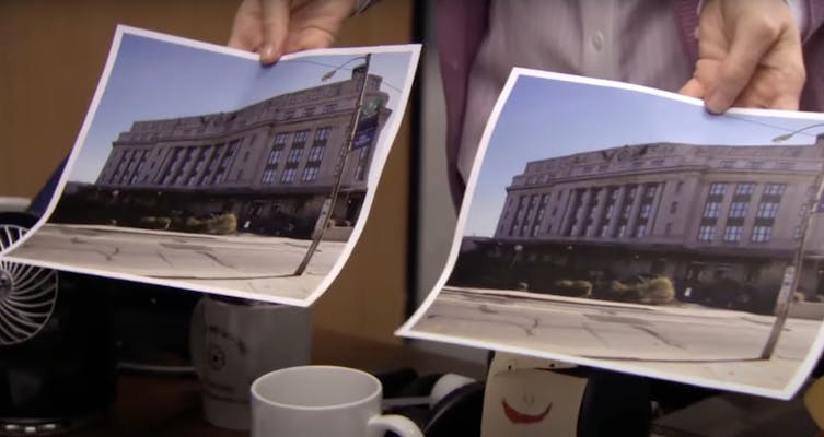 they're the same picture: screenshot from The Office TV show of a closeup of two pictures Pam is showing Creed