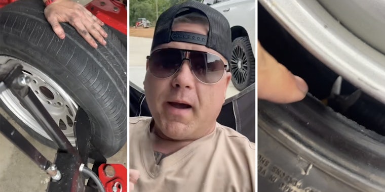 Hand on tire(L), Man talking(c), Finger pointing inside tire(r)