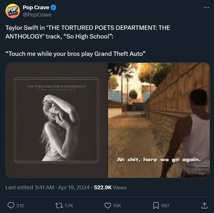 tweet featuring 'touch me while your bros play grand theft auto' with Taylor Swift's album cover and a Grand Theft Auto screenshot