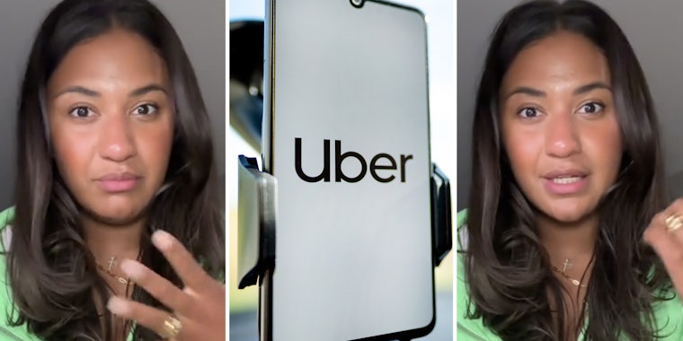 Woman talking(l+r), Phone with uber app(c)