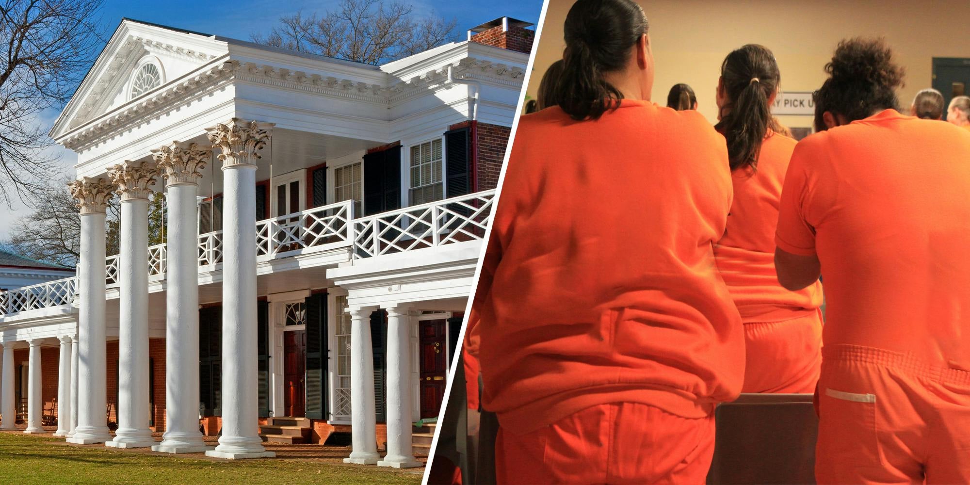 Academical Village at the University of Virginia, Charlottesville(l), Women in prison(r)