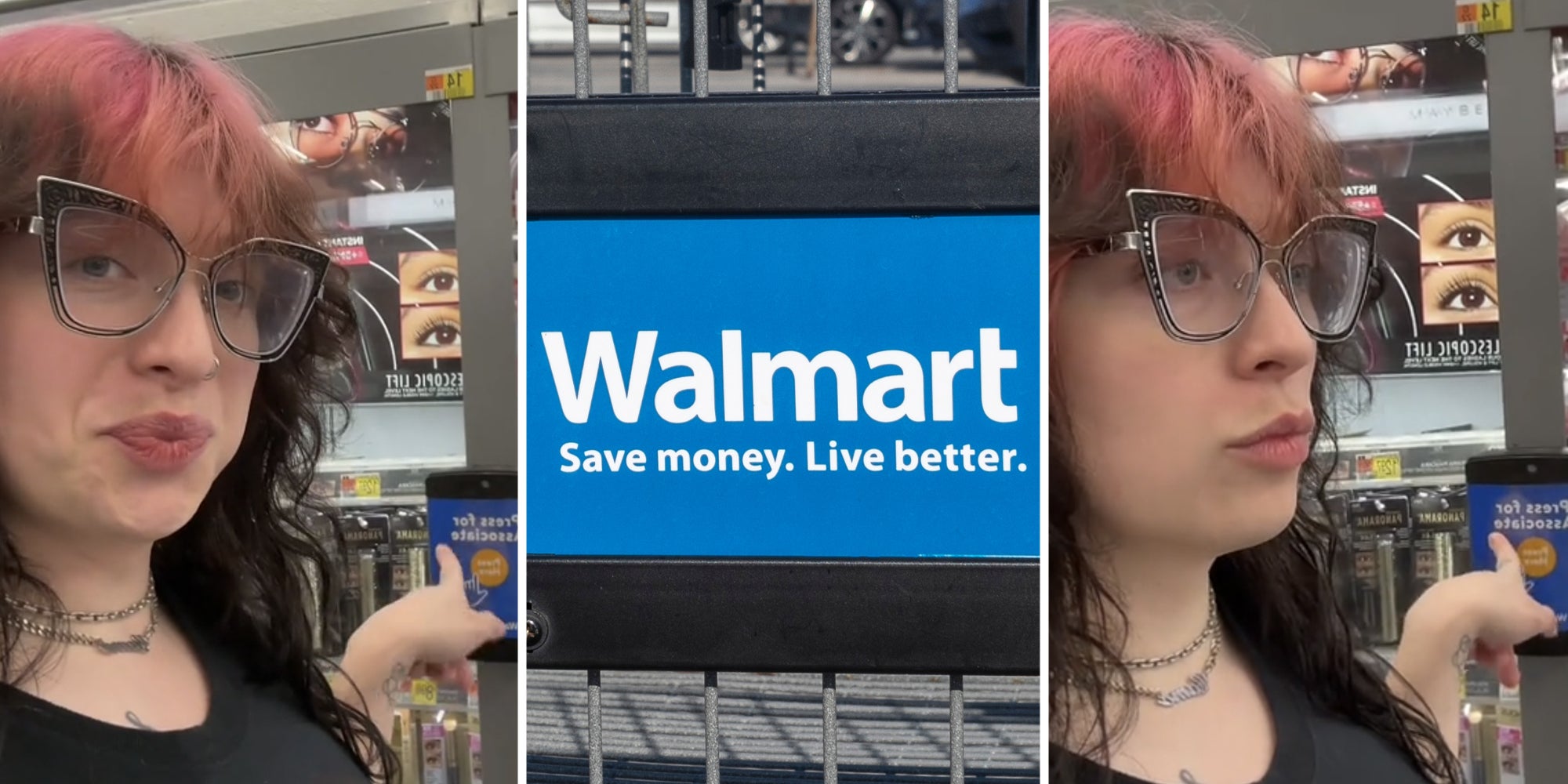 Woman pressing button(l+r), Walmart sign(c)