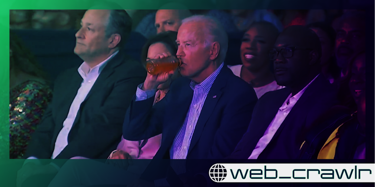 Joe Biden drinking an orange liquid. The Daily Dot newsletter web_crawlr logo is in the bottom right corner.