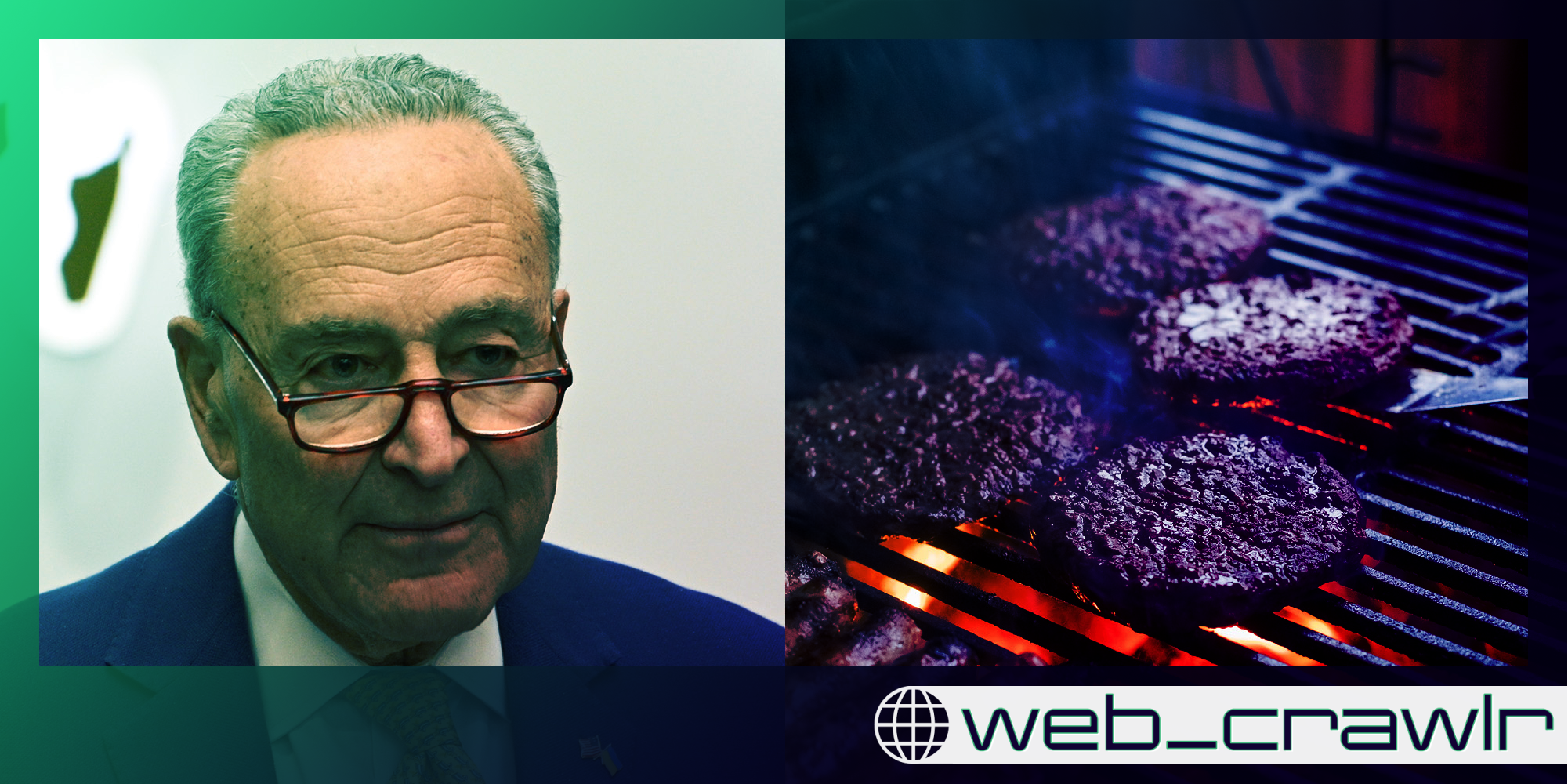 Chuck Schumer next to burgers on a grill. The Daily Dot newsletter web_crawlr logo is in the bottom right corner.