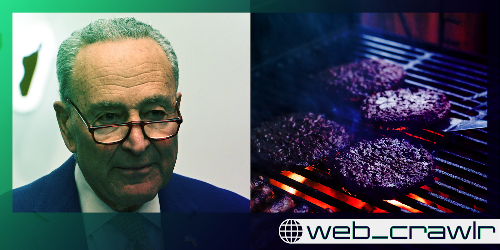 Chuck Schumer next to burgers on a grill. The Daily Dot newsletter web_crawlr logo is in the bottom right corner.