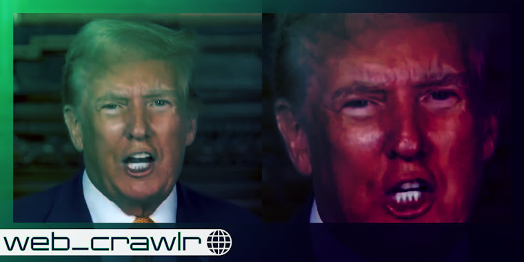 A side by side of Donald Trump. The Daily Dot newsletter web_crawlr logo is in the bottom left corner.