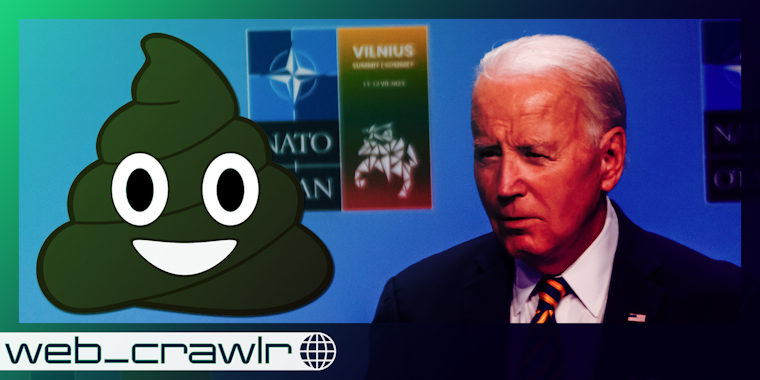 A poop emoji (l) next to joe biden (r). The Daily Dot newsletter web_crawlr logo is in the bottom left corner.