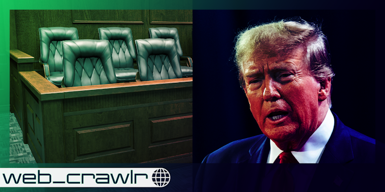 A jury box next to former President Donald Trump. The Daily Dot newsletter web_cxrawlr logo is in the bottom left corner.