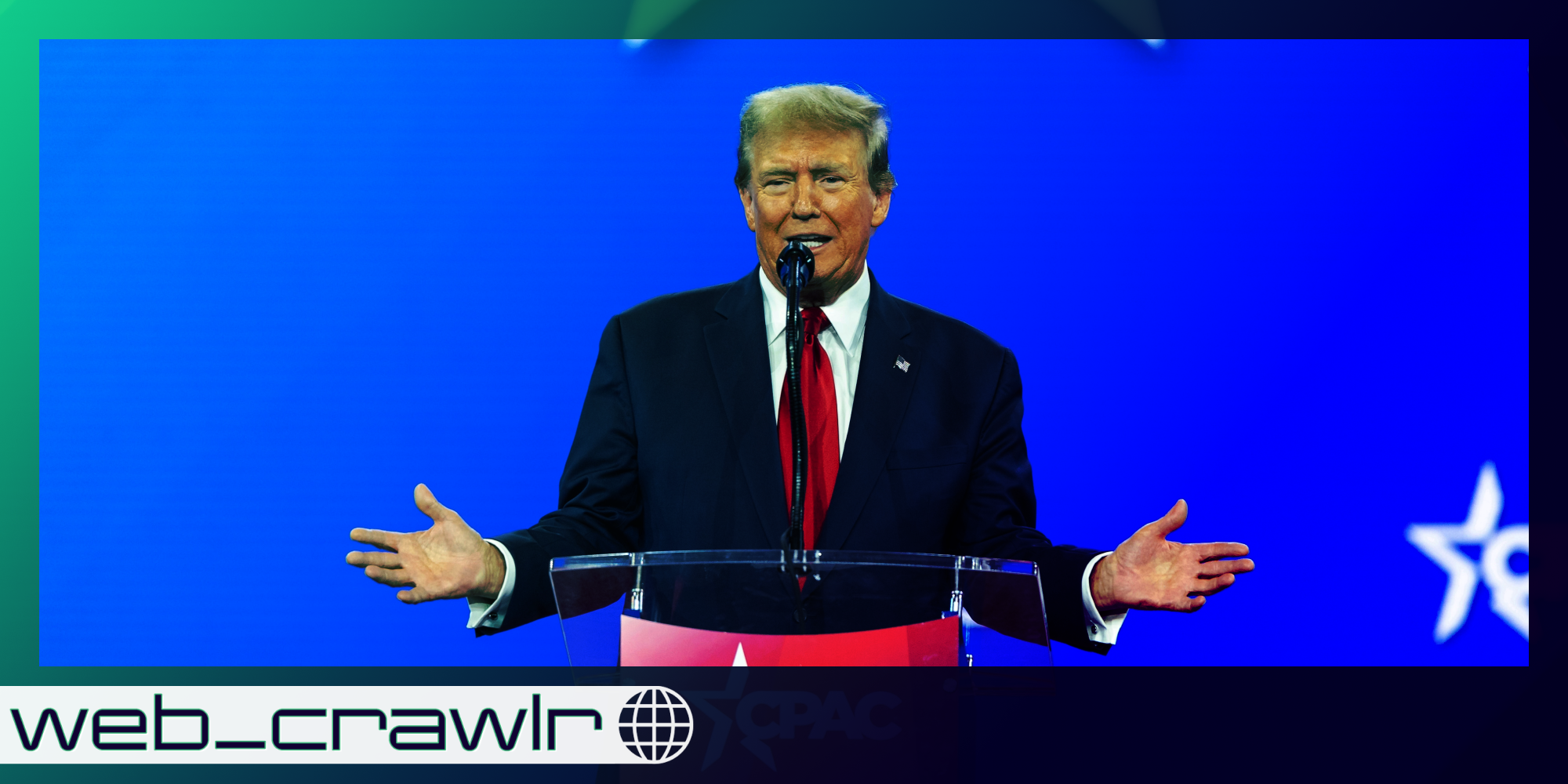 Trump with his arms stretched out. The Daily Dot newsletter web_crawlr logo is in the bottom left corner.