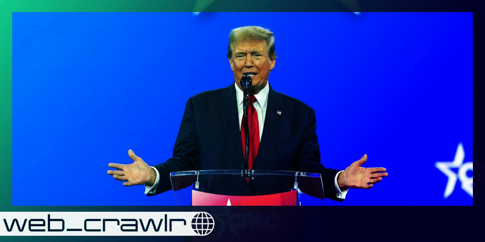 Trump with his arms stretched out. The Daily Dot newsletter web_crawlr logo is in the bottom left corner.
