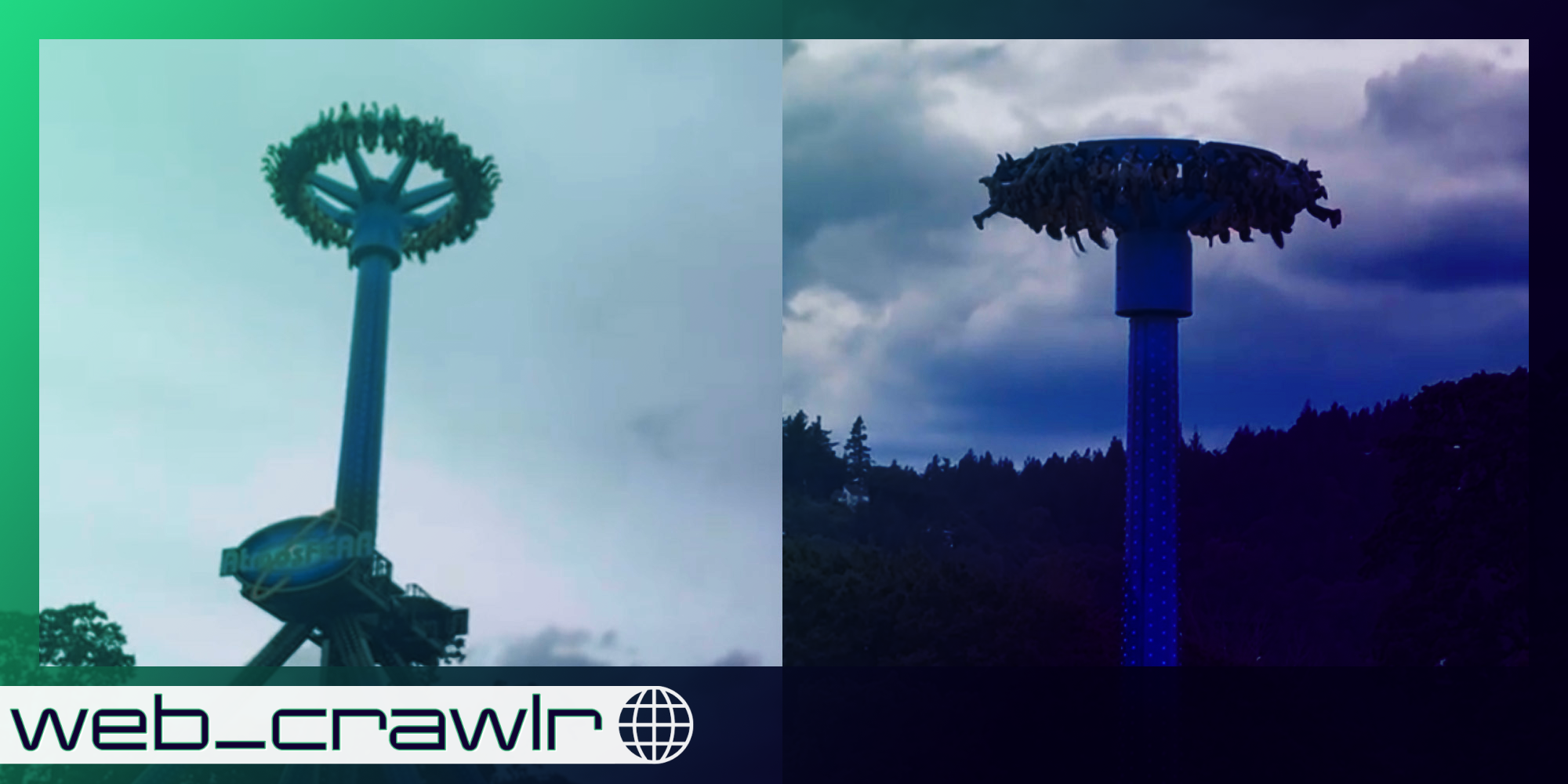 People stuck on an amusement park ride. The Daily Dot newsletter web_crawlr logo is in the bottom left corner.