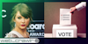 Taylor Swift next to a person voting. The Daily Dot newsletter web_crawlr logo is in the bottom left corner.