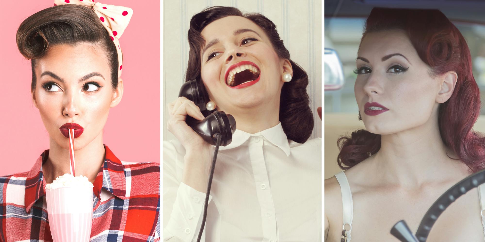 Vintage woman drinking milkshake(l), Vintage woman laughing on the phone(c), Vintage woman in car(r)