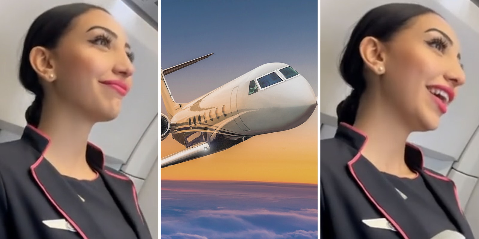 Flight attendant smiling(l+r), Airplane(c)