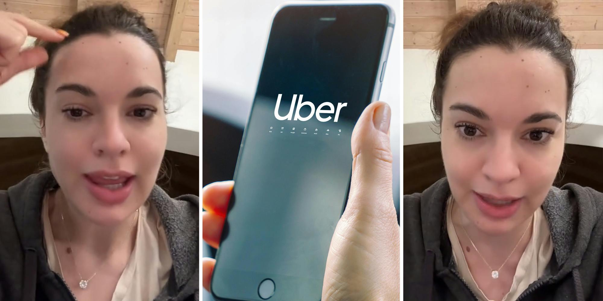 Woman talking(l+r), Hand holding phone with uber app(c)