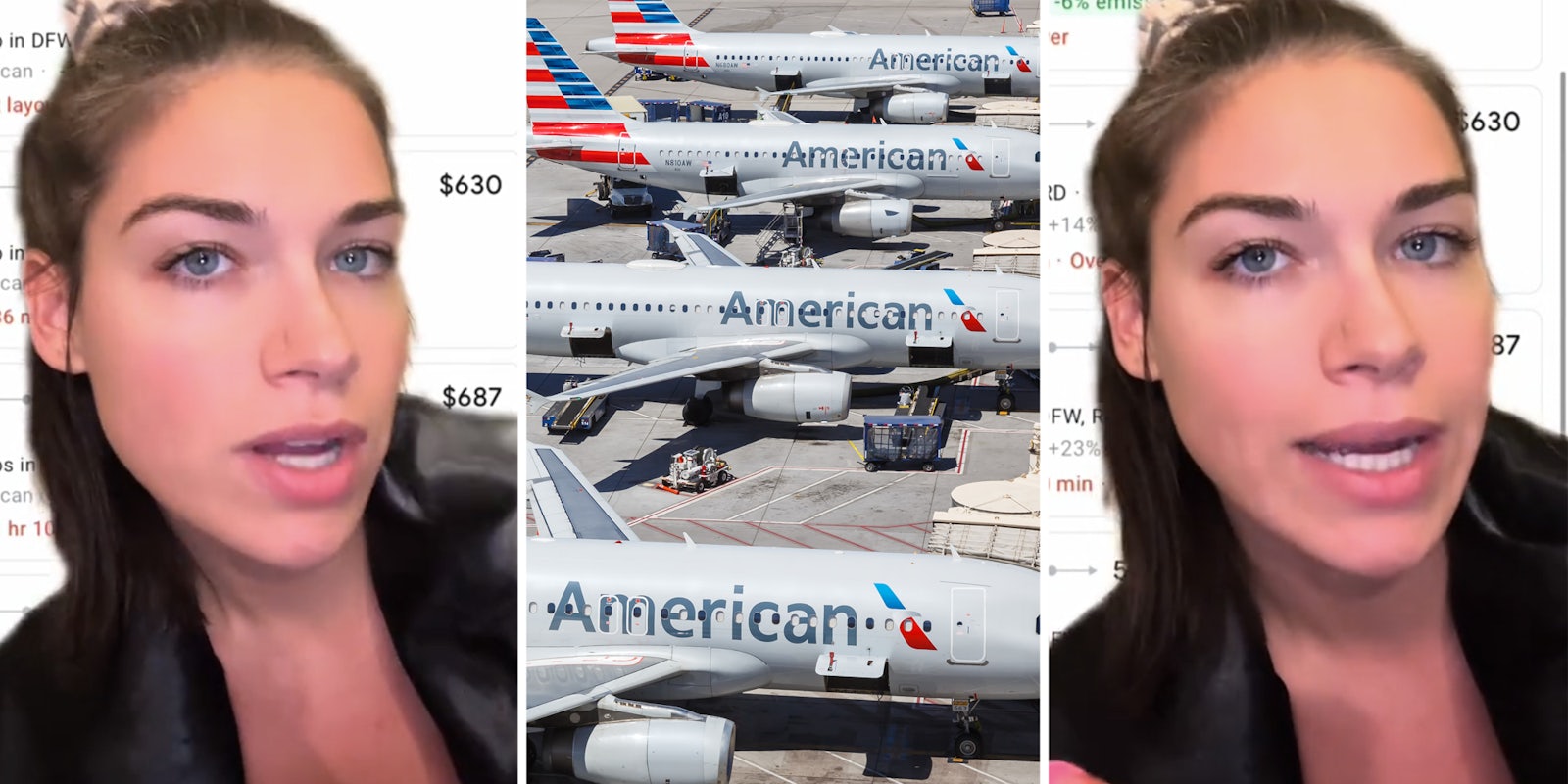 Woman talking(l+r), American airlines airplanes(c)