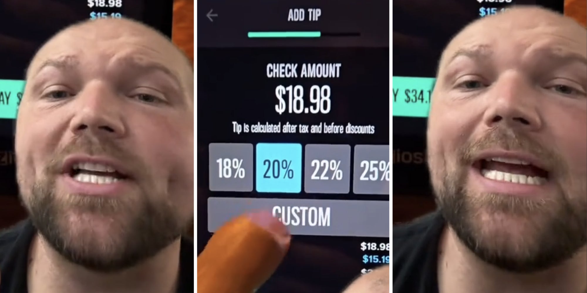 Man talking(L+r), Finger on a tip screen(c)