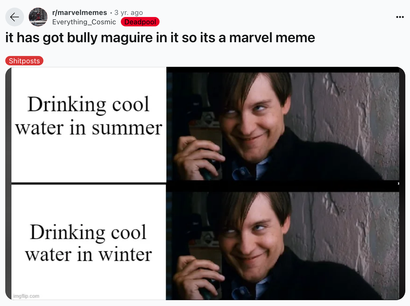 Bully Maguire drinking water meme on Reddit by Everything-Cosmic