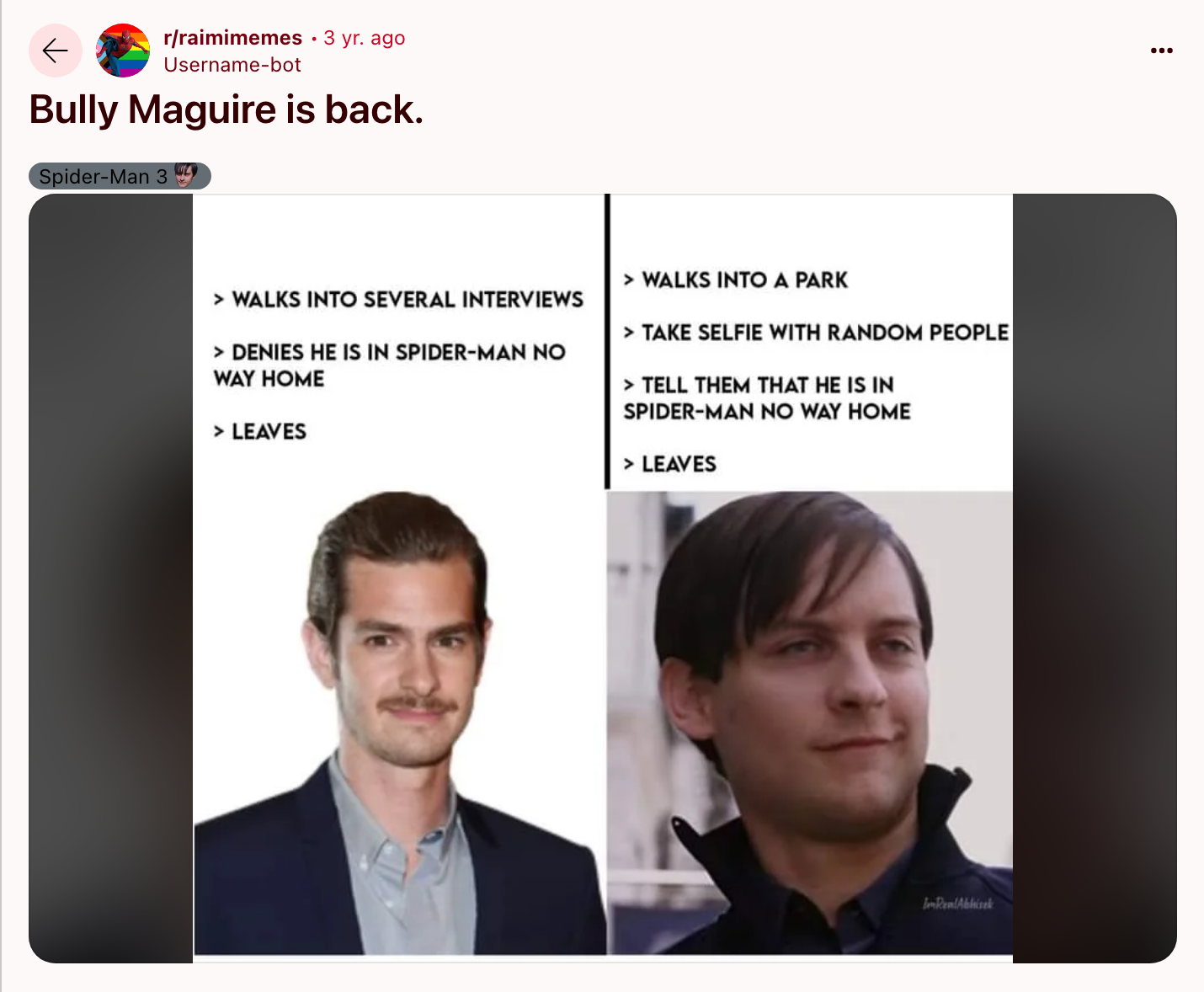 Bully Maguire Andrew Garfield Reddit meme post by @username-bot