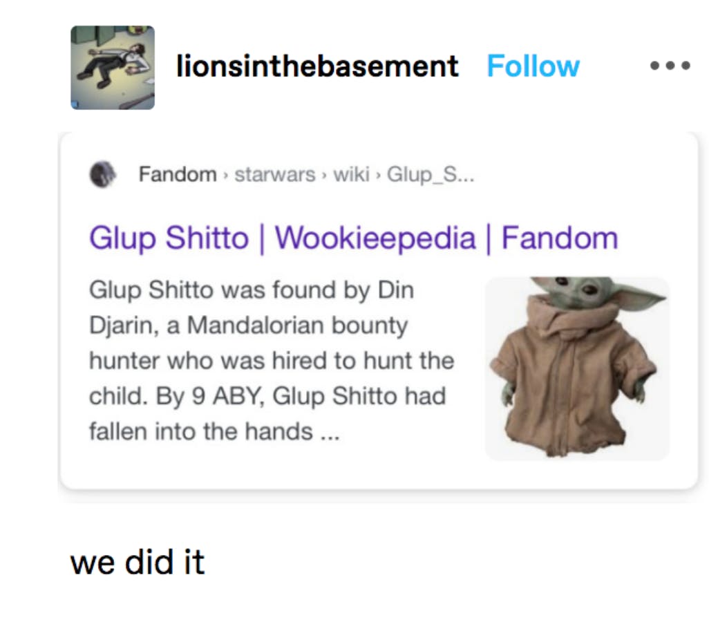 Glup Shitto post on Tumblr by lionsinthebasement of fake Wookieepedia entry