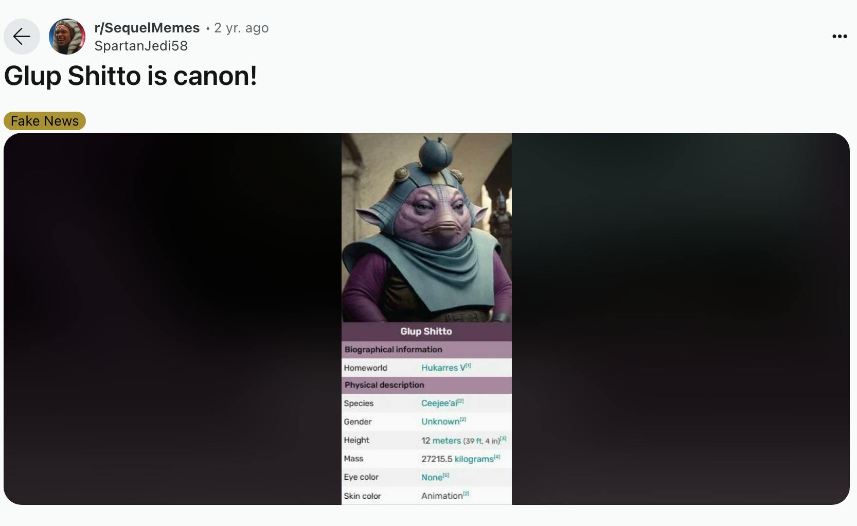 Glup Shitto Star Wars post on Reddit by SpartanJedi58