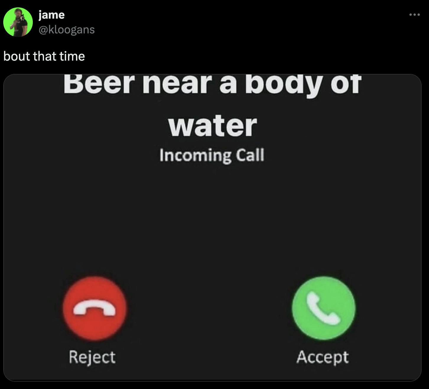 4th of july meme of an iphone incoming call reading 'beer near a body of water'