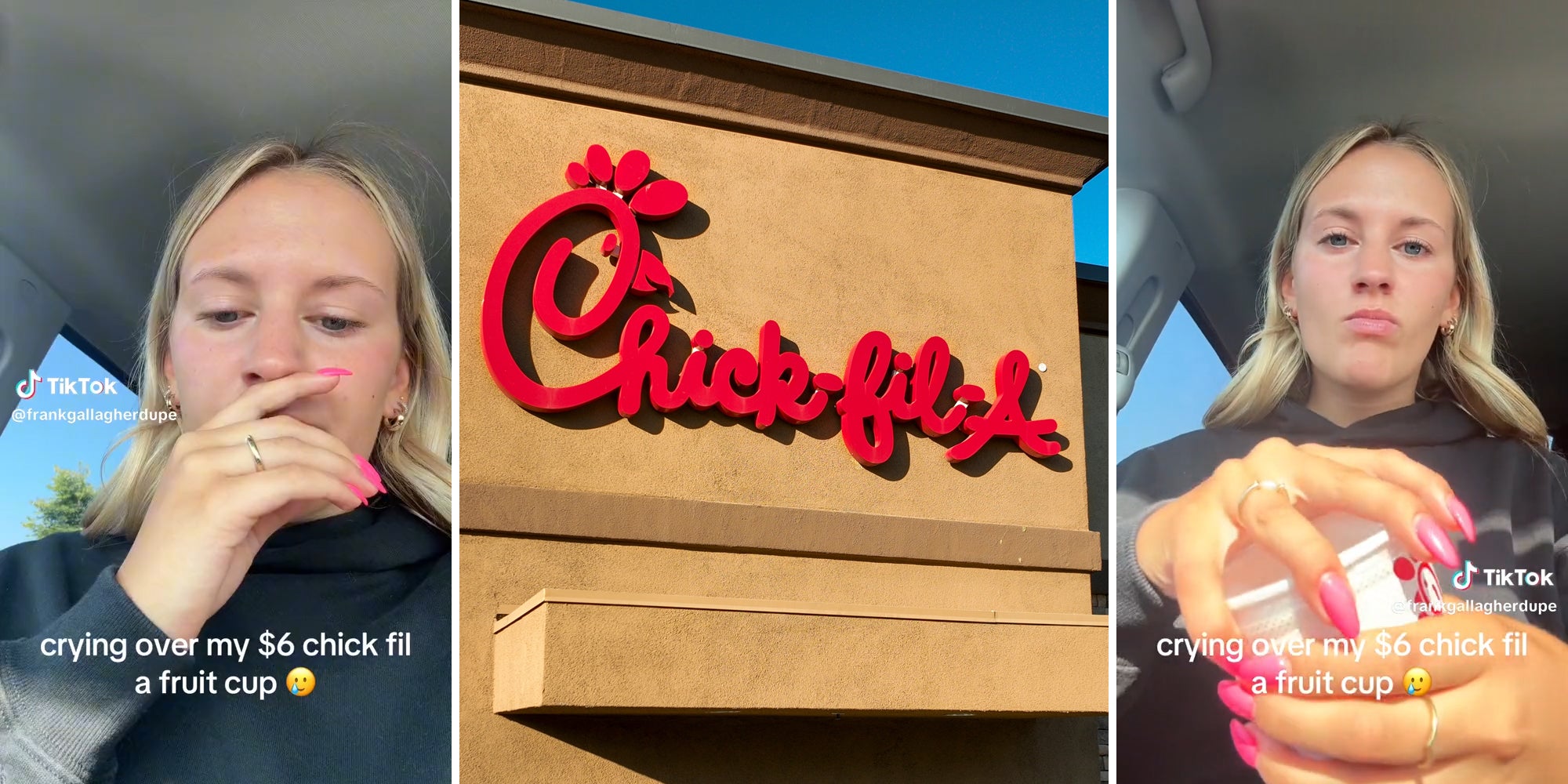 young woman in car with caption 'crying over my $6 chick fil a fruit cup' (l&r) chick-fil-a sign (c)