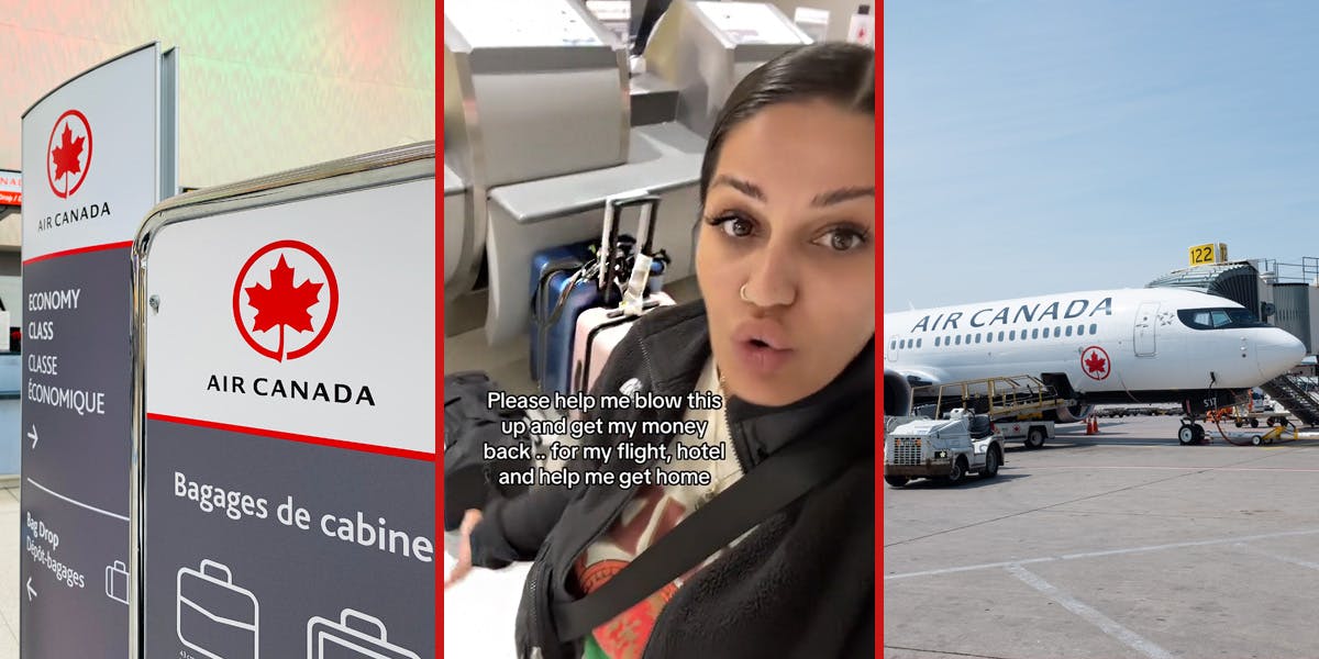 Air Canada signs (l) woman at airport with caption "Please help me blow this up and get my money back...for my flight, hotel and help me get home" (c) Air Canada plane (r)