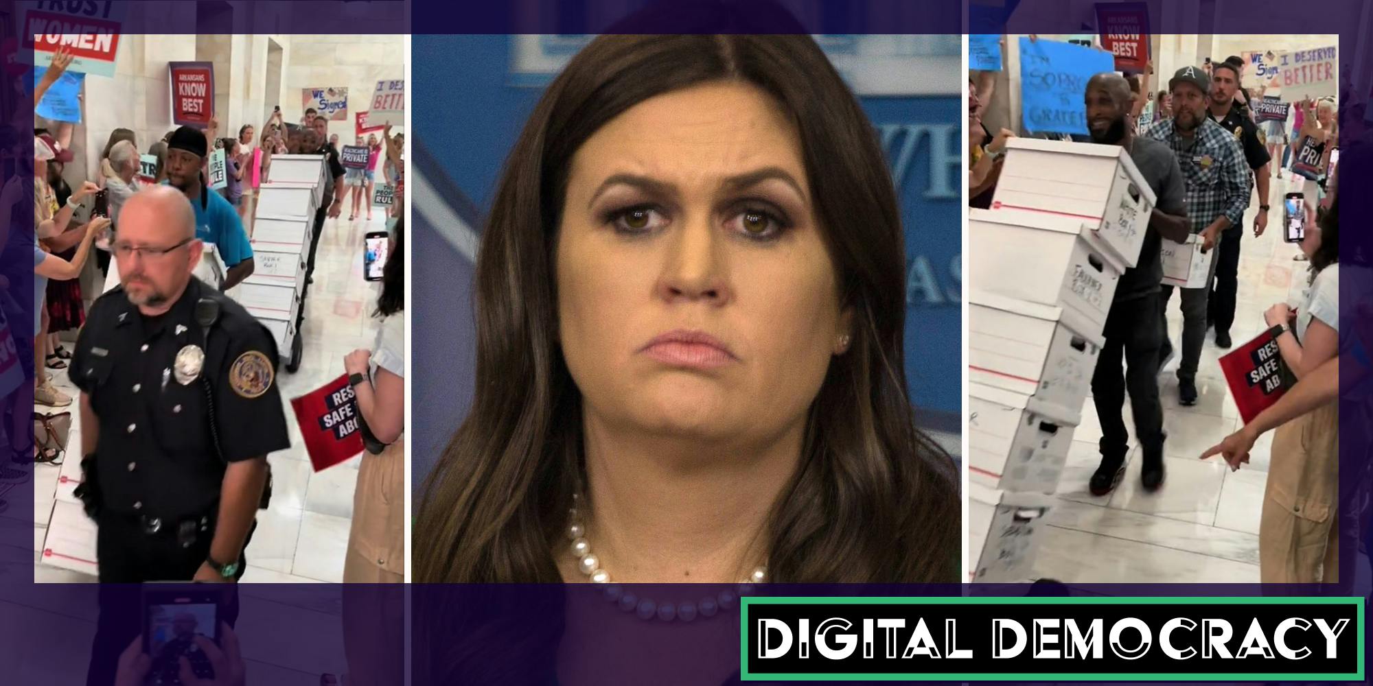 men hand-trucking stacks of boxes into building (l & r) sarah huckabee sanders (c). There is a logo that says 'Digital Democracy' in a web_crawlr font in the bottom right corner.