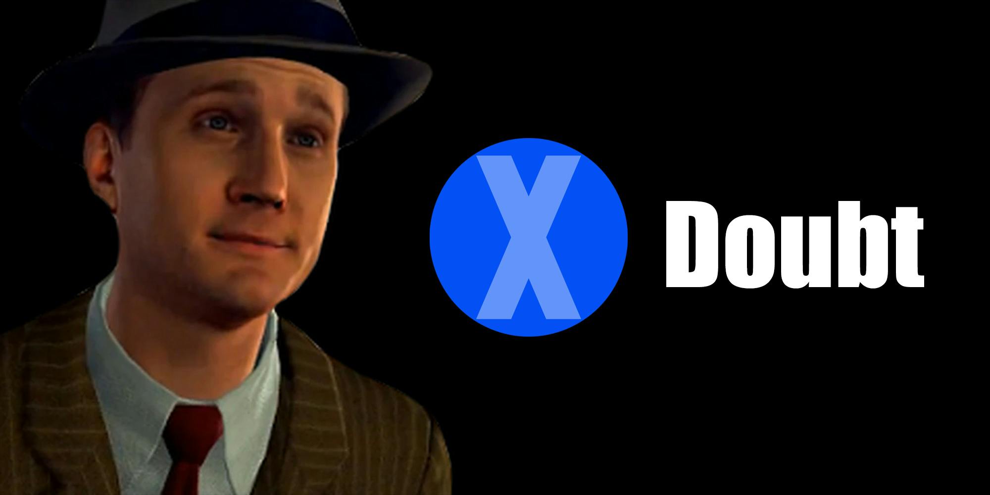 video game character wearing suit with "x" in circle and the word "Doubt"