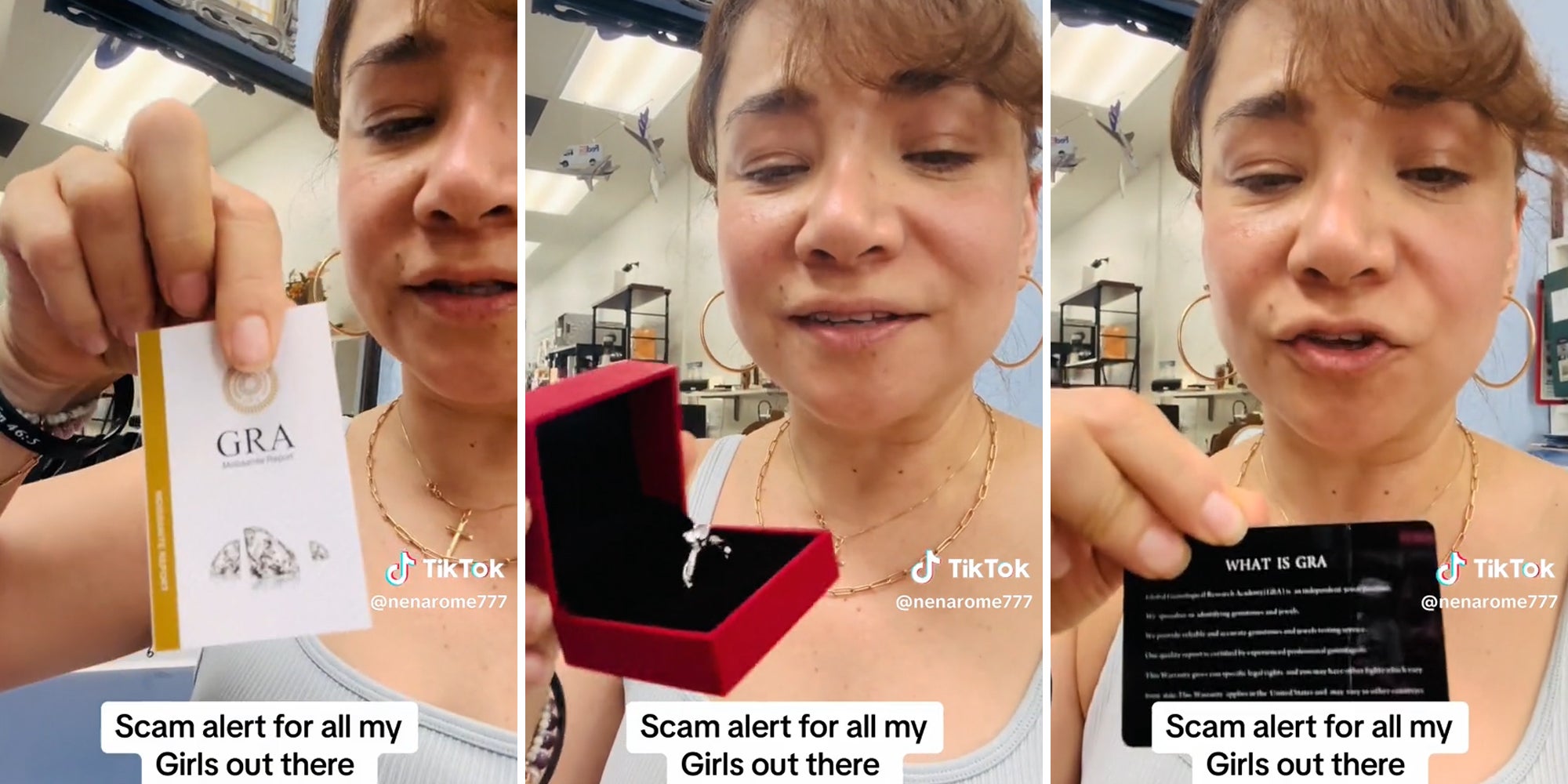 woman holding pamphlet, ring box, and card, all with caption 'Scam alert for all my girls out there'