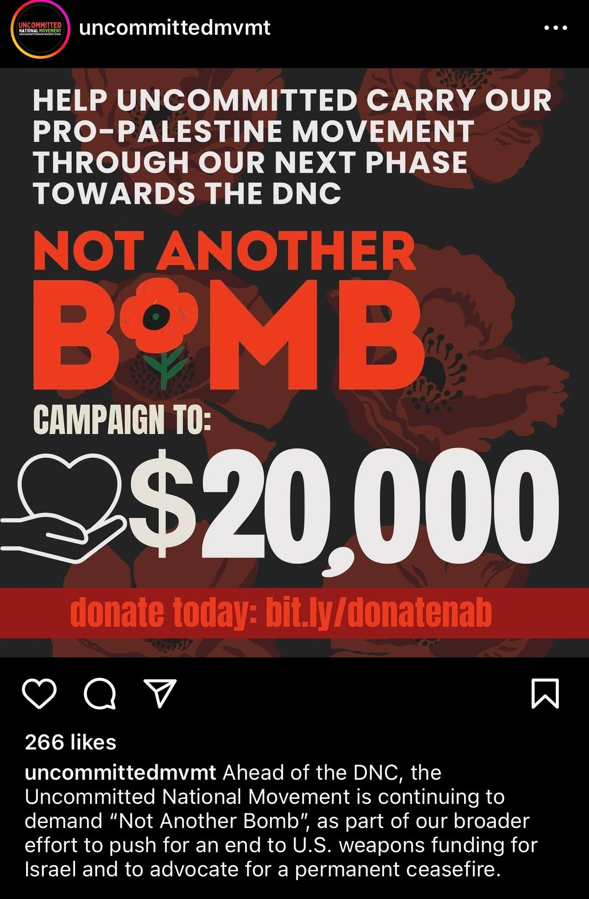 Uncommitted National Movement post about 'Not Another Bomb' fundraising campaign.