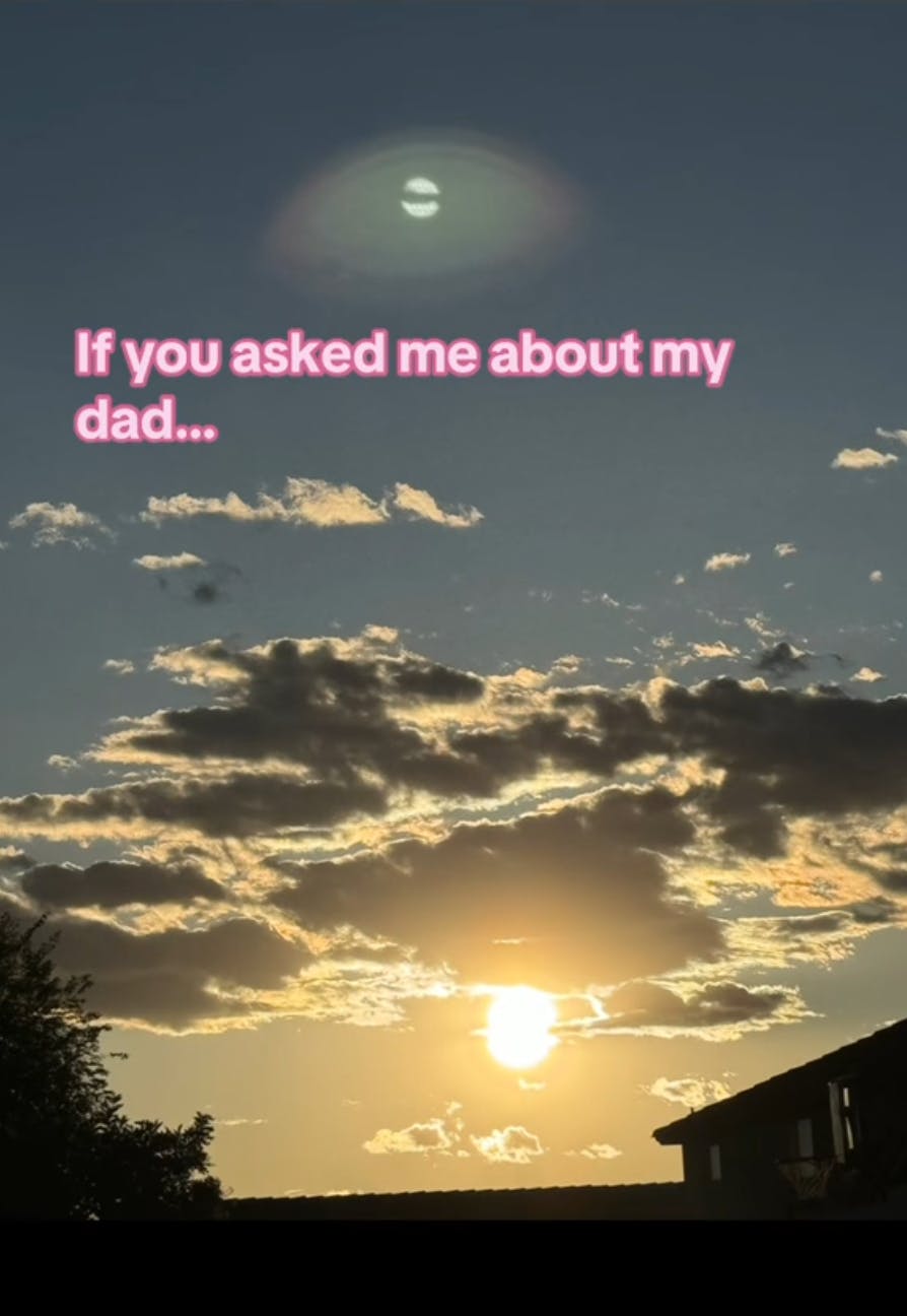 Photo of a cloudy desert sky. Text overlay reads, 'If you asked me about my dad...'