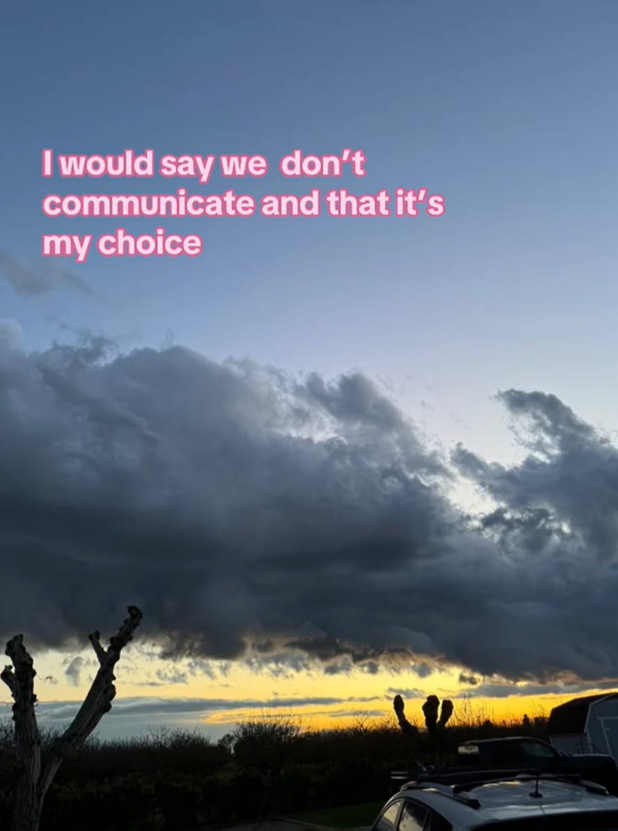 Photo of a cloudy desert sky. Text overlay reads, 'I would say we don't communicate and that it's my choice'