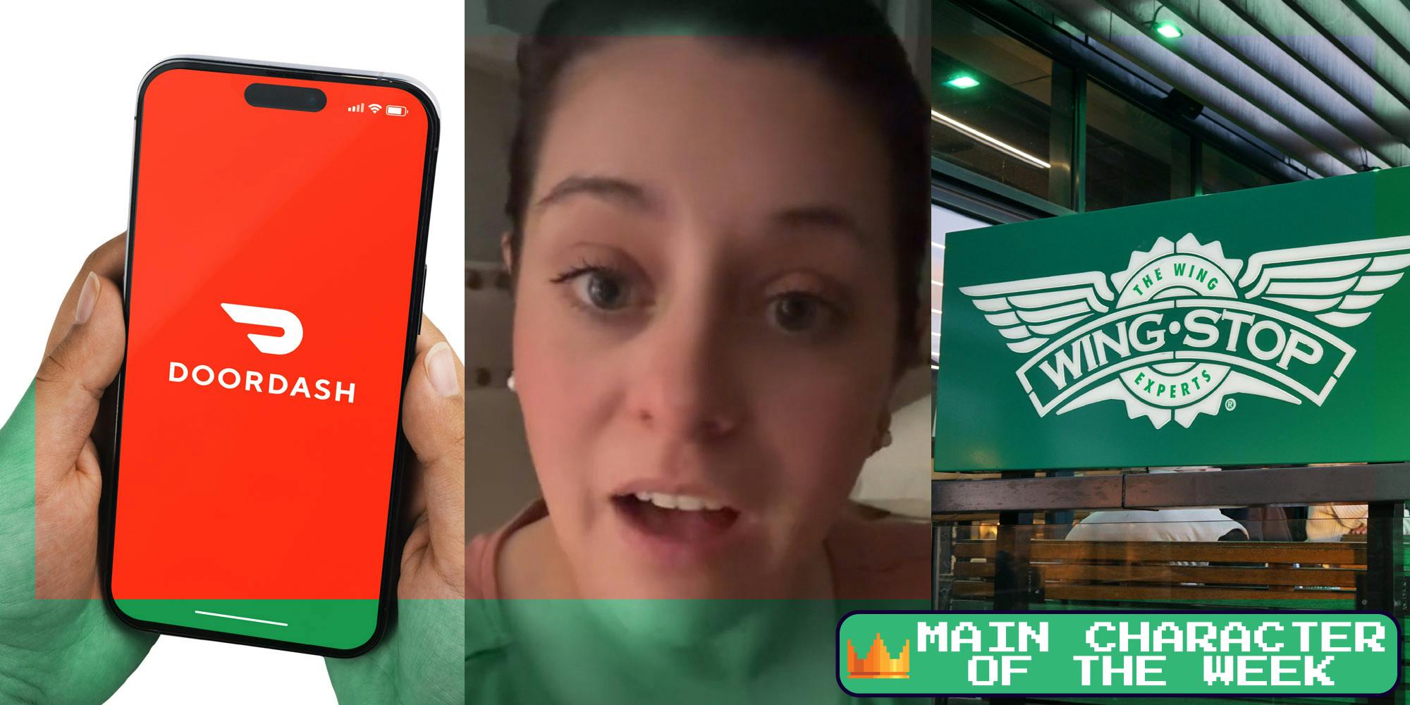 A phone with the DoorDash logo (l), a woman speaking to the camera (c), and a Wing Stop logo (r). In the bottom right corner is text that says 'Main Character of the Week' in a Daily Dot newsletter font.