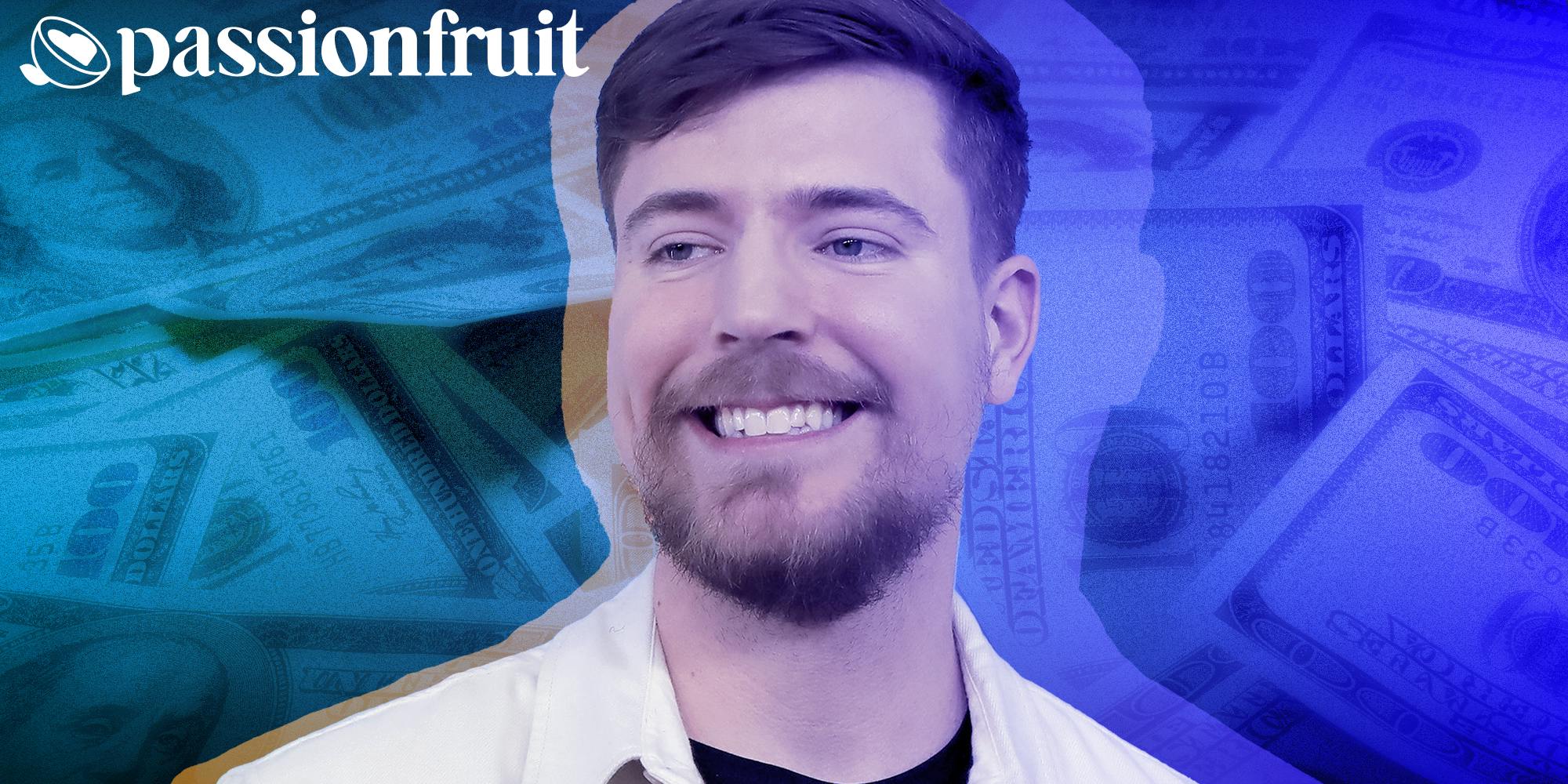 mrbeast on background of dollar bills next to a passionfruit logo