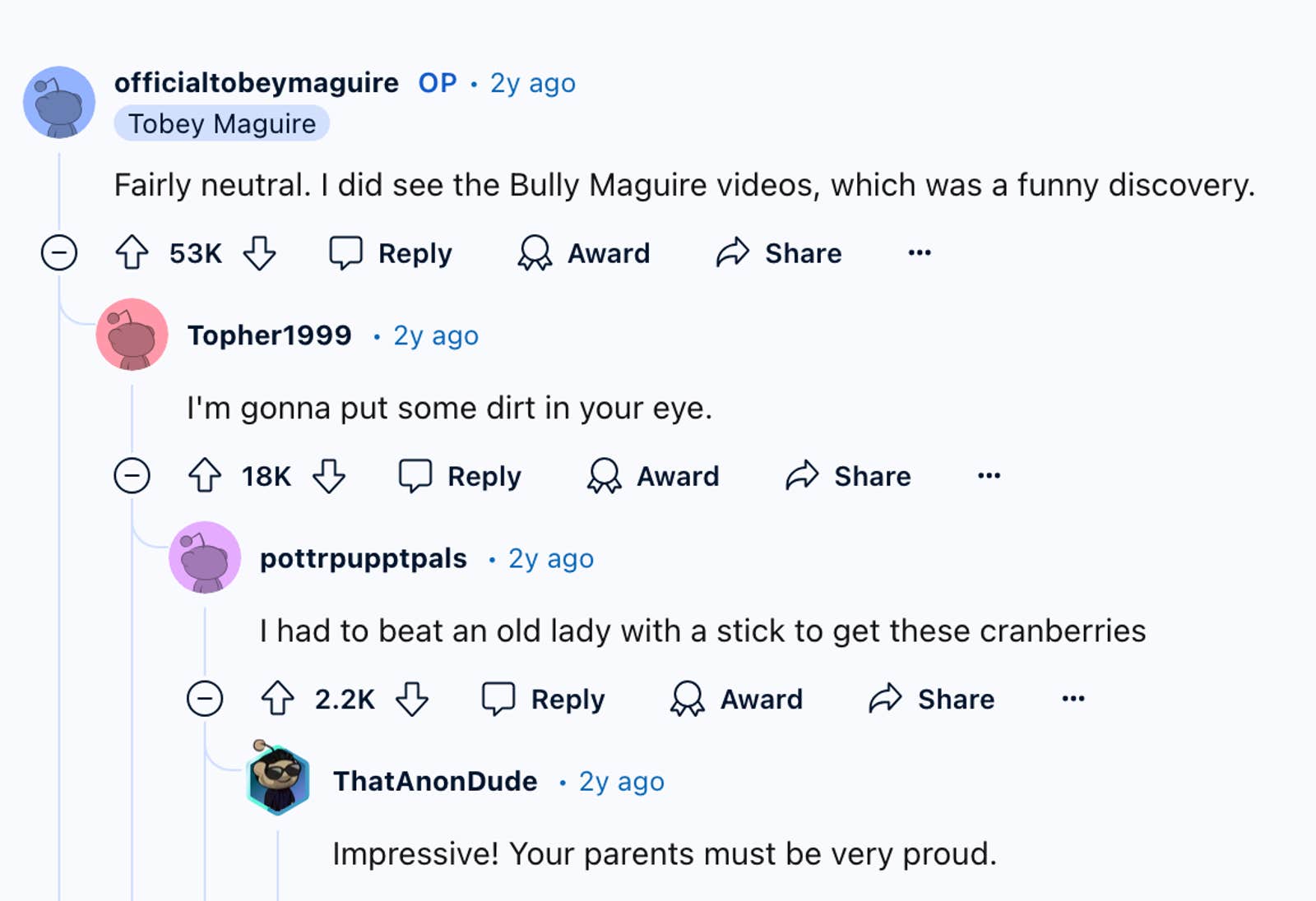 Toby Maguire comment on Bully Maguire during Reddit AMA