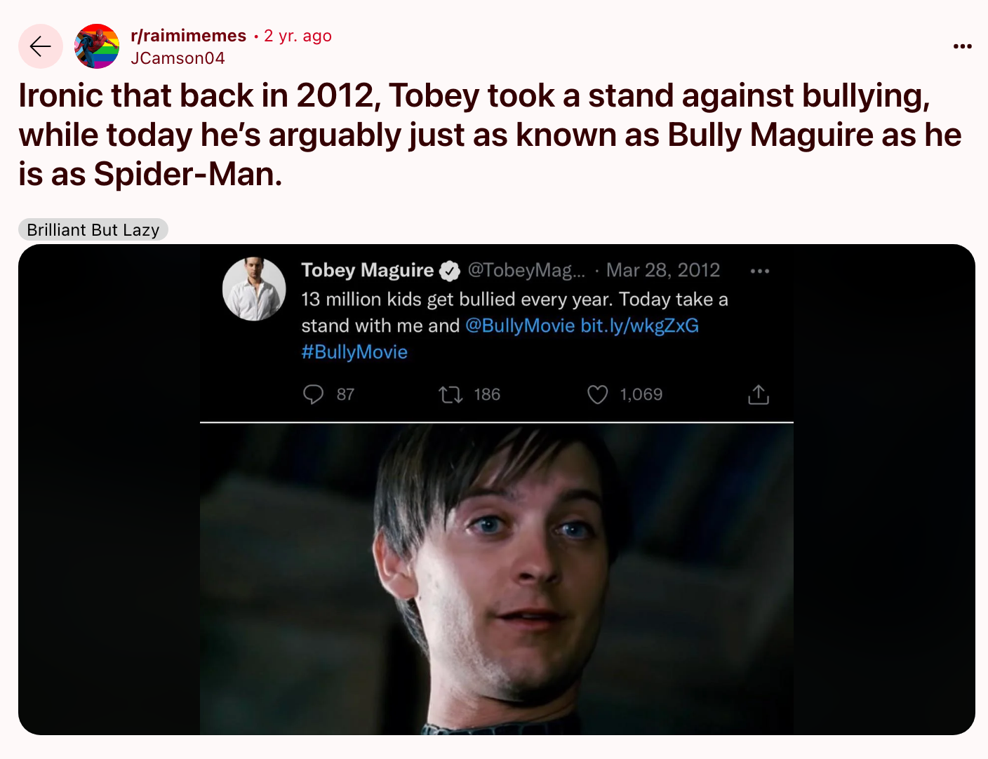 Bully Maguire meme Toby Maguire bullying Reddit post by JCamson04