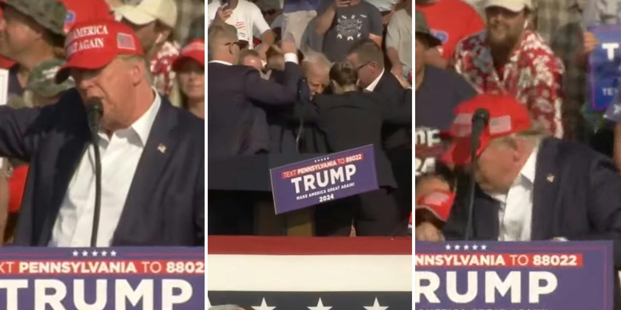 Shortly after former President Donald Trump took the stage at his campaign rally in Butler, Pennsylvania, "popping noises" sounded off. Trump hit the ground, his agents rushed him off stage. The crowd is dispersing.