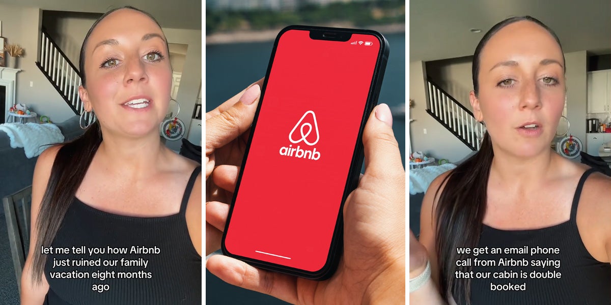 woman speaking with caption 'let me tell you how Airbnb just ruined our family vacation eight months ago' (l) hand holding phone with Airbnb on screen (c) woman speaking with caption 'we get an email phone call from Airbnb saying that our cabin is double booked' (r)