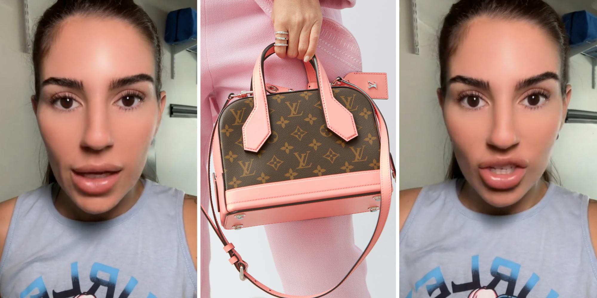 Woman talking(l+r), Hand holding pink and brown Louis Vuitton bag(c)