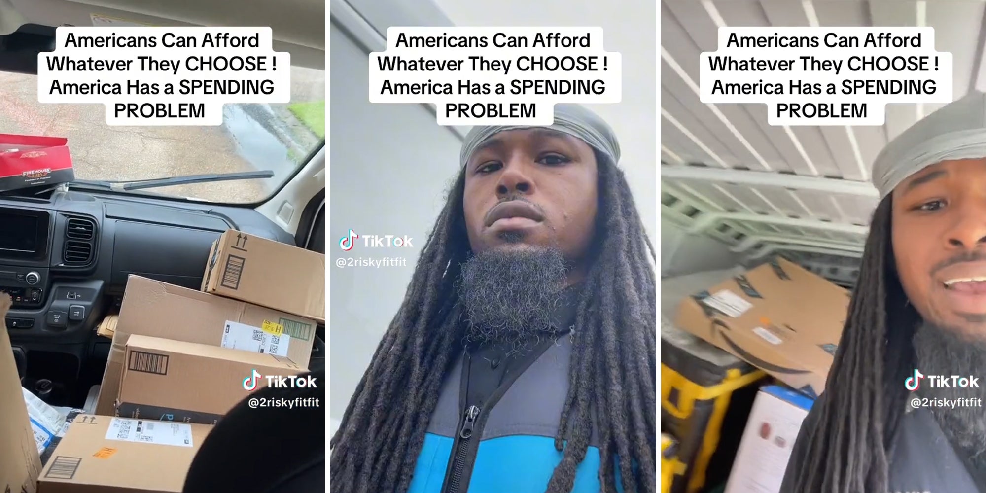 packages in passenger seat of delivery van (l) Amazon driver outside van (c) Amazon driver inside van with packages (r) all with caption 'Americans can afford whatever they CHOOSE! America has a SPENDING PROBLEM'