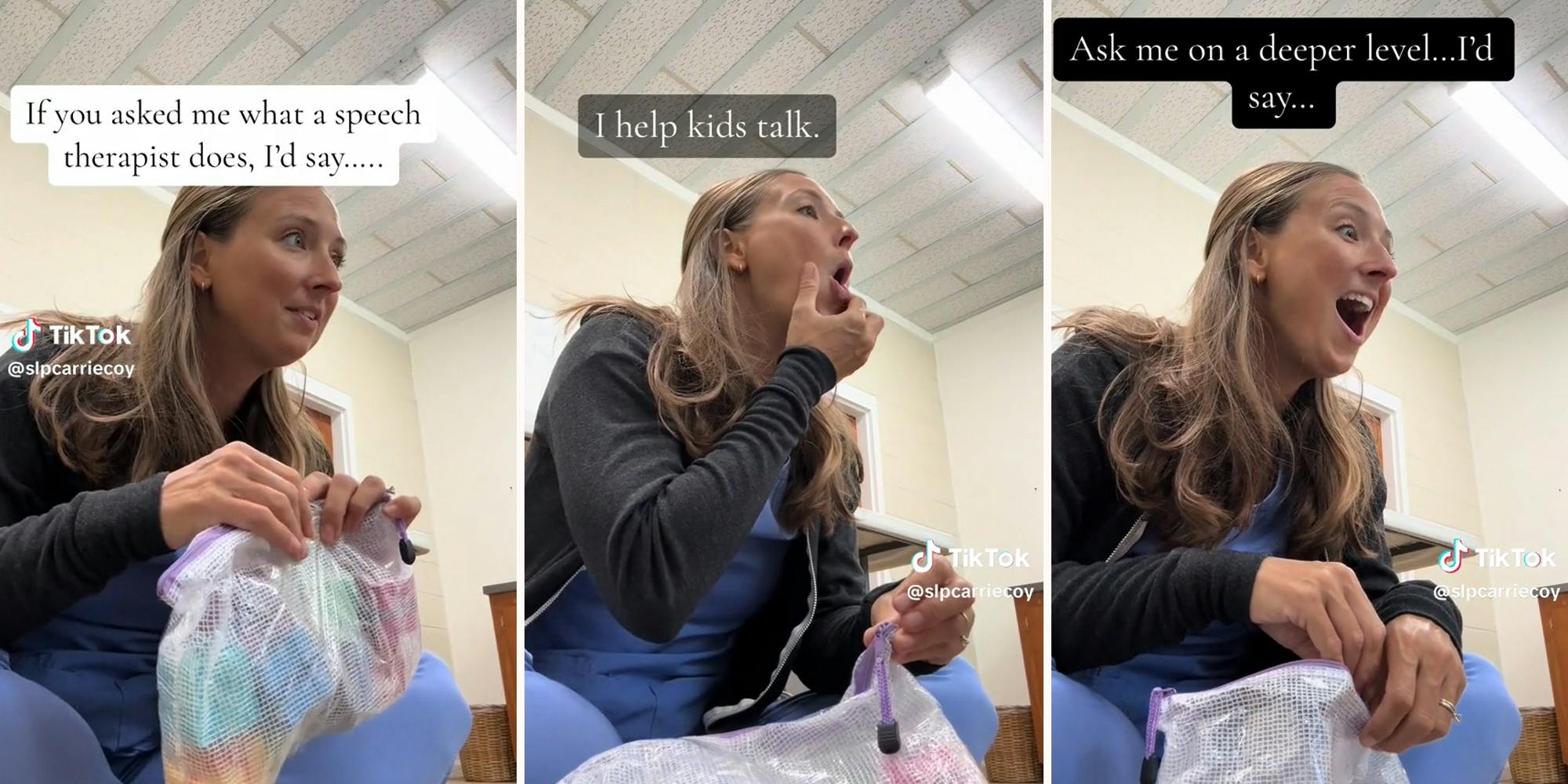 woman with bag of items with caption "if you asked me what a speech therapist does, I'd say....." (l) "I help kids talk." (c) "Ask me on a deeper level...I'd say..." (r)