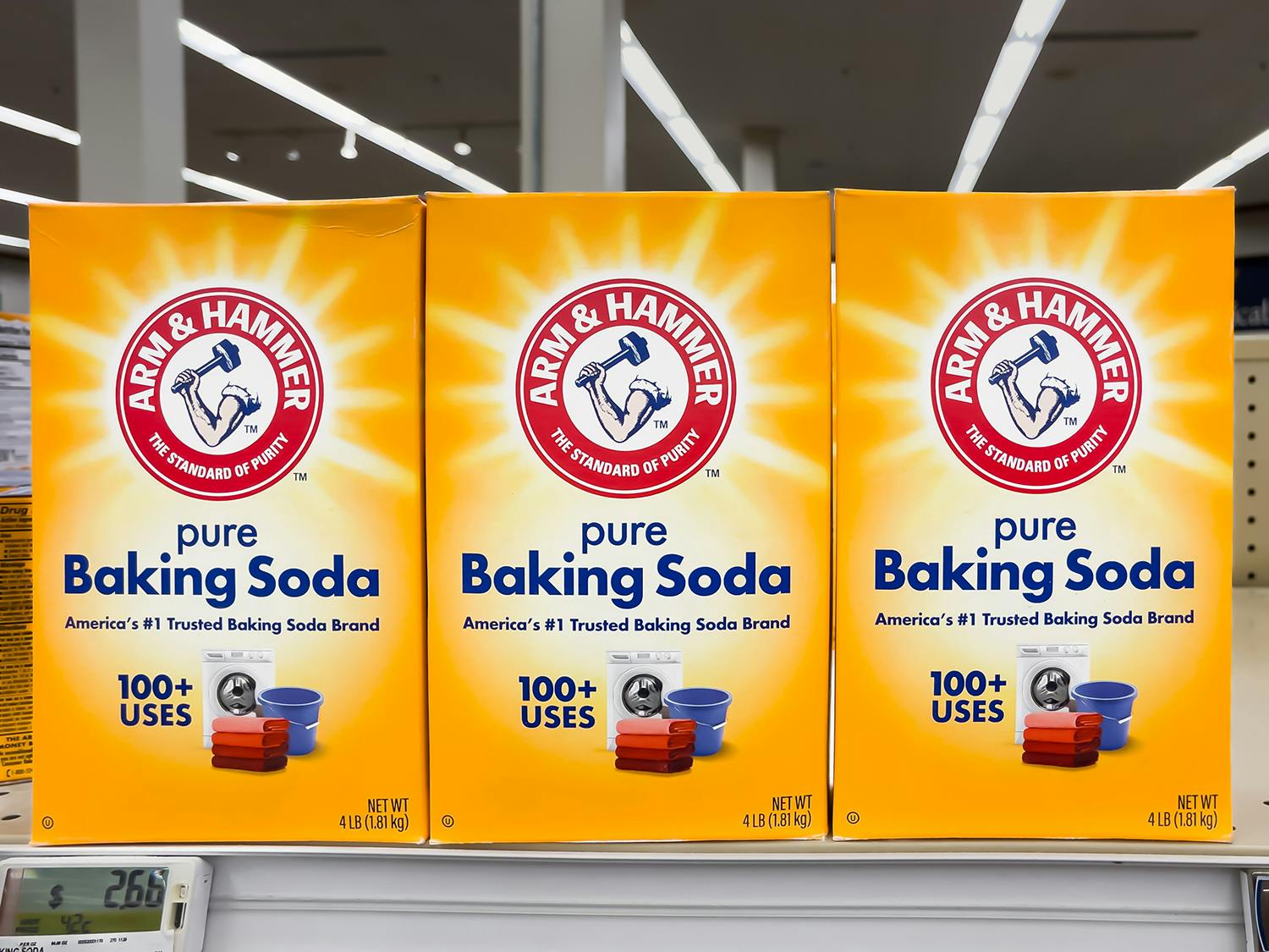 Arm and Hammer brand baking soda on grocery store shelf at a local supermarket.