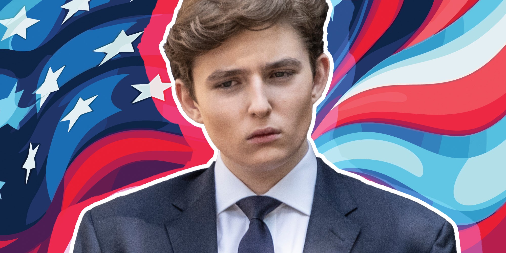 Barron Trump over American flag illustration