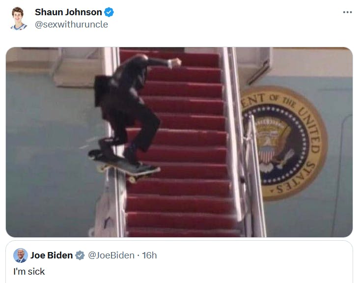 Biden COVID meme with the President Photoshopped onto a skateboard.