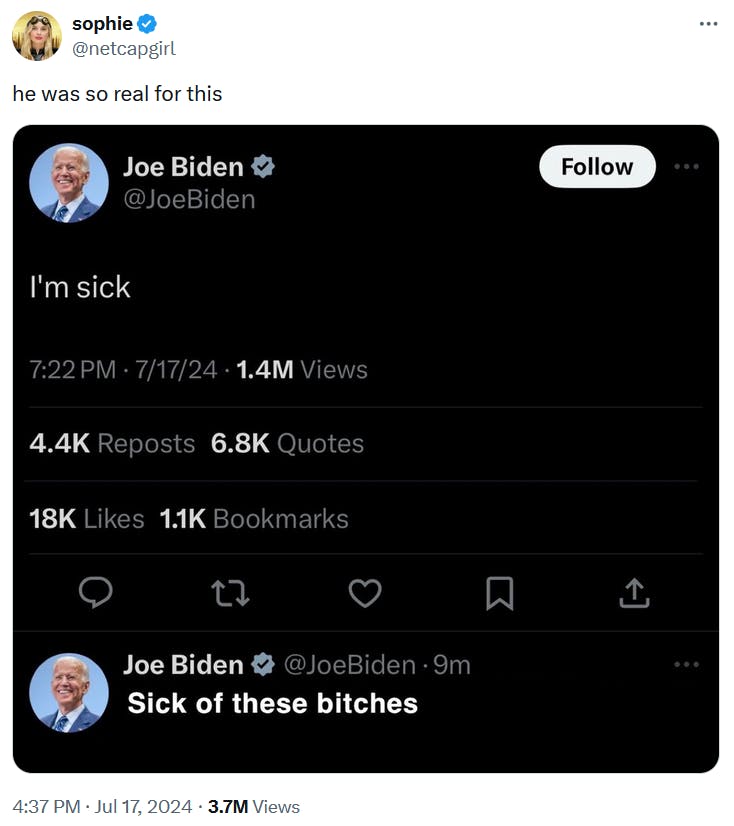 Biden COVID meme with the President's 'I'm sick' tweet follow-up Photoshopped to say 'sick of these b*tches.'