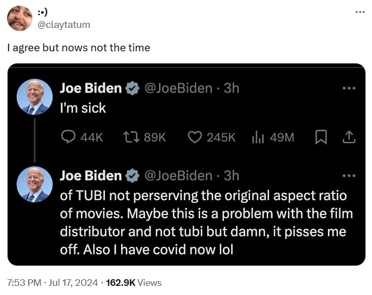 Biden COVID meme with the President's 'I'm sick' tweet follow-up Photoshopped to be about TUBI's aspect ratio.